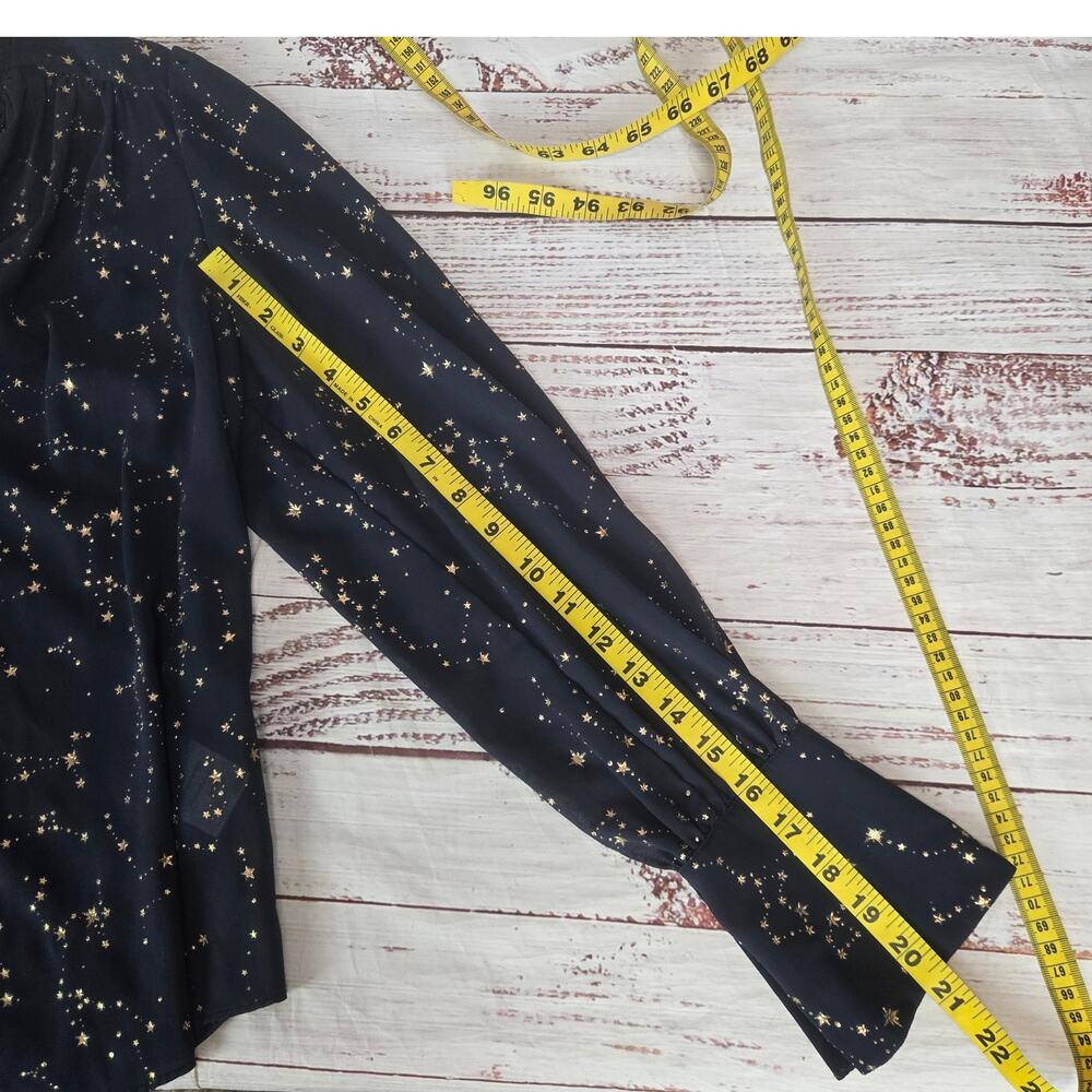 Judith March Navy Blue Gold Star Blouse M Tie Sash Puff Sleeve Flare French Cuff - Picture 11 of 12